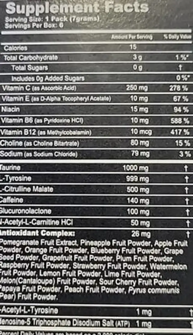 G fuel nutrition facts table