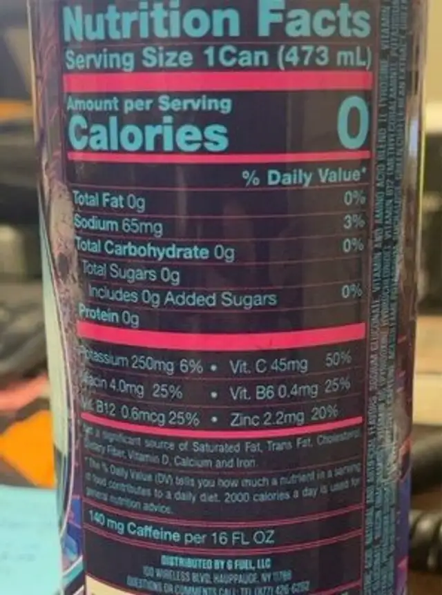 Miami Nights nutrition facts table