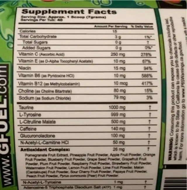 G Fuel nutrition facts table