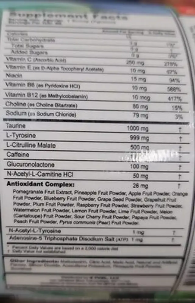 G fuel nutrition facts table