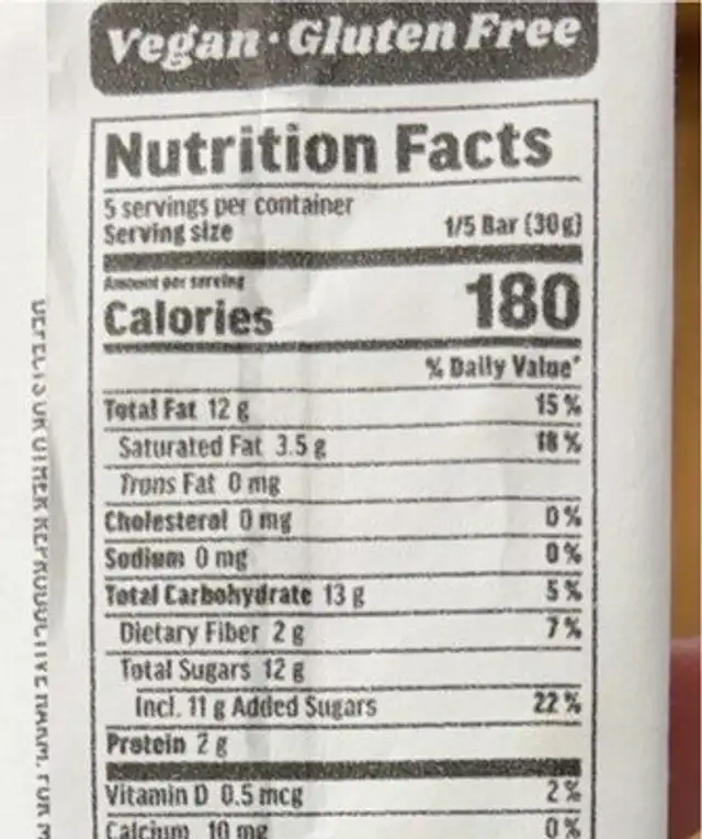 Vego nutrition facts table