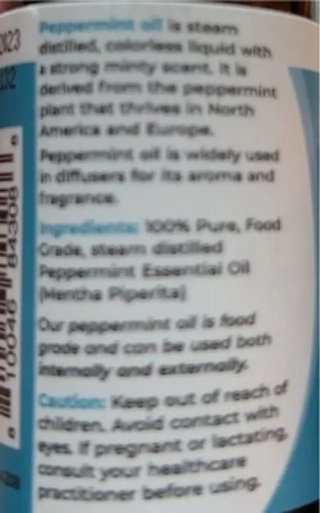 Peppermint essential oil nutrition facts table