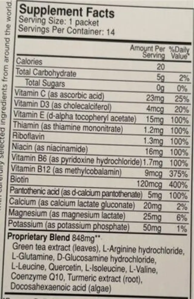 Recovery nutrition facts table