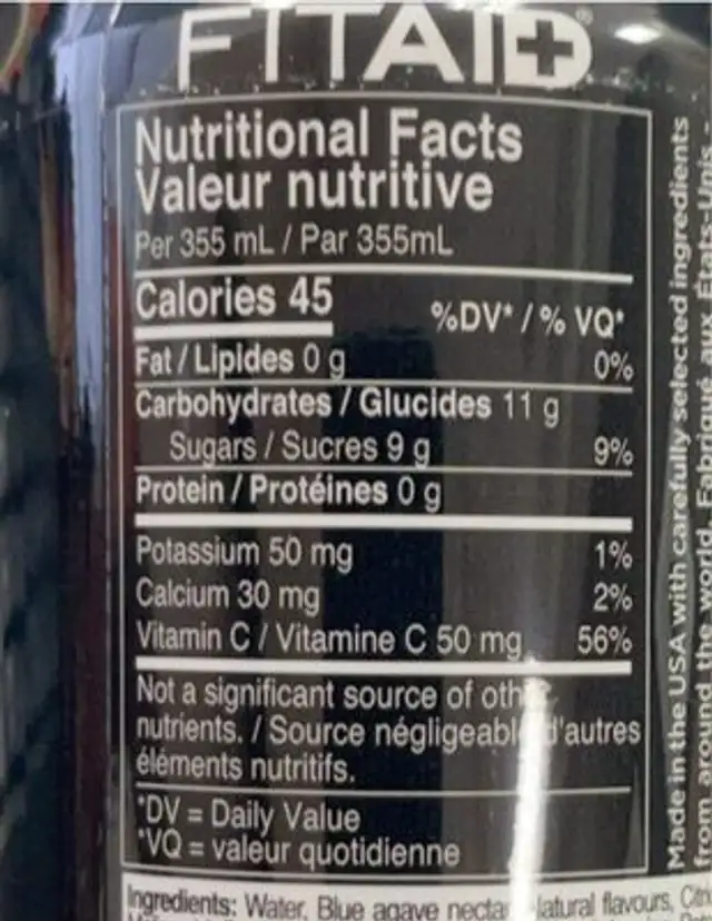 FitAID Strawberry Lemonade nutrition facts table