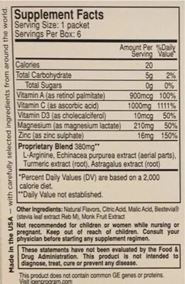 ImmunityAid Go nutrition facts table