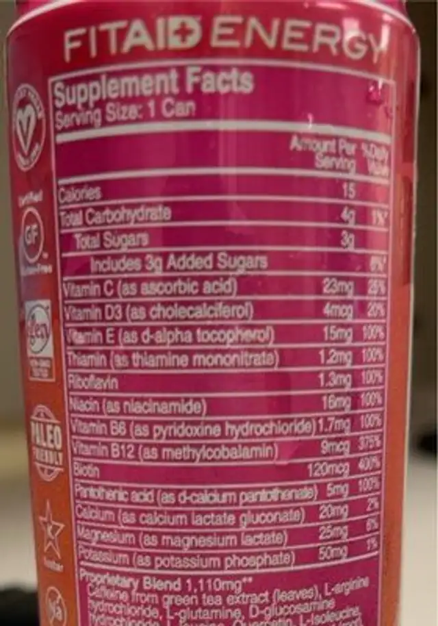 FitAid Energy+ Peach Mandarin nutrition facts table