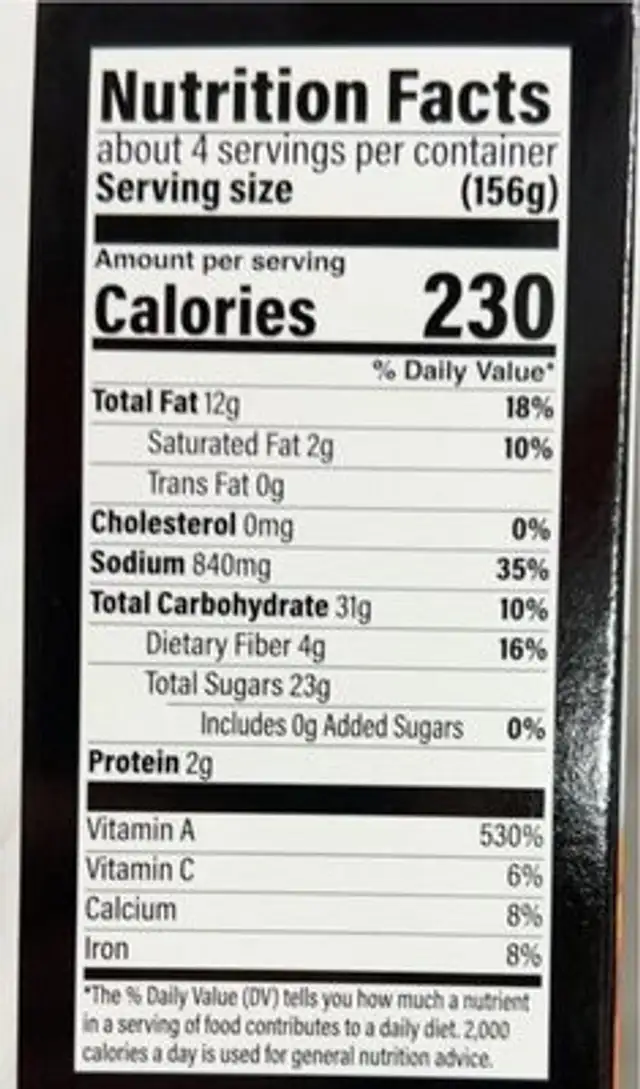 Chef’s cut carrots nutrition facts table