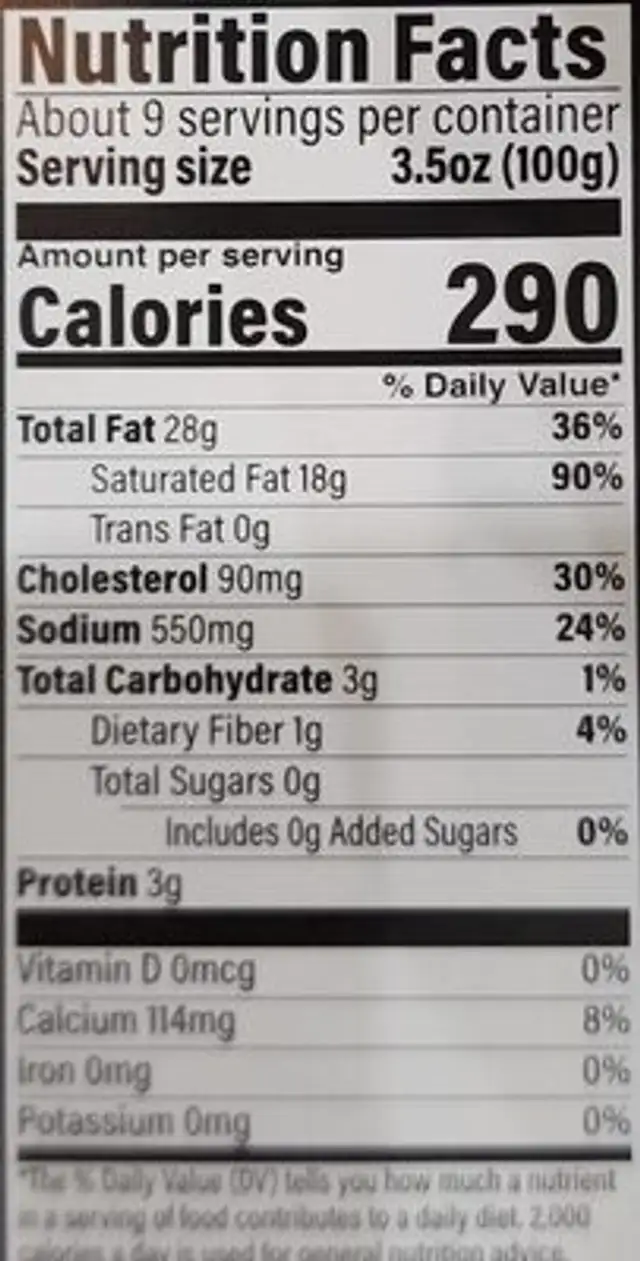 Creamed Spinach with Parmesan nutrition facts table