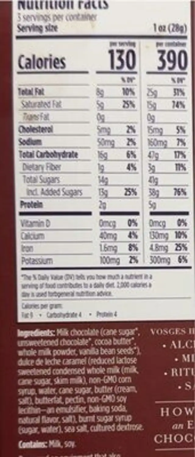 Dulce de leche cacao burned caramel chocolate bar nutrition facts table