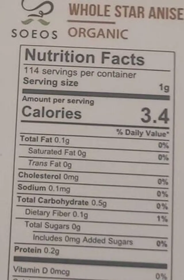 Whole Star Anise nutrition facts table