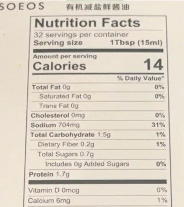 Organic Soy Sauce nutrition facts table