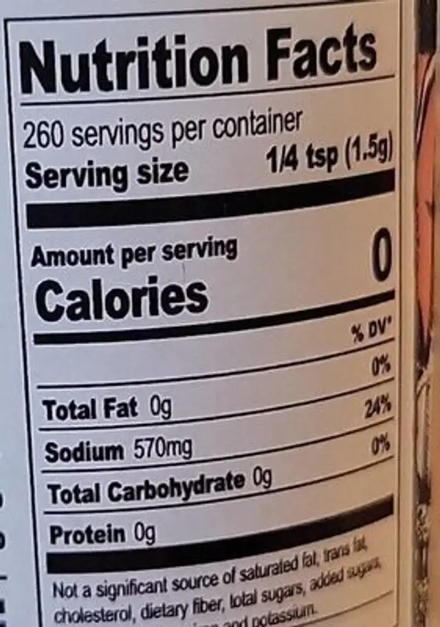 Himalayan pink salt nutrition facts table