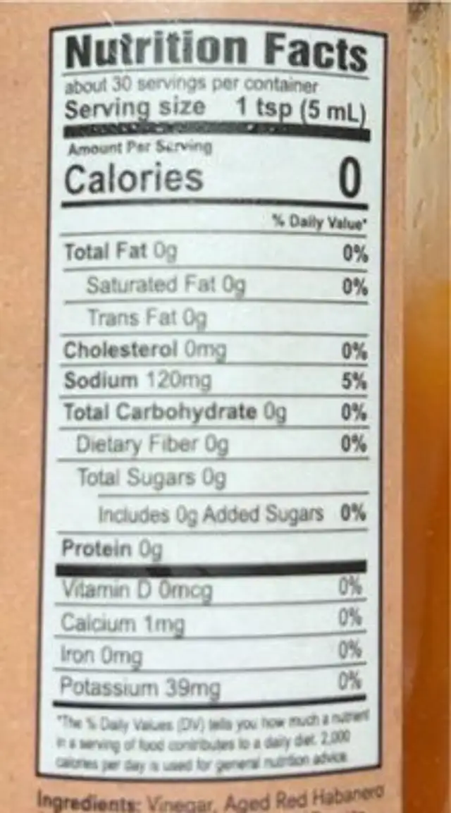 Hot Sauce Garlic Habanero nutrition facts table