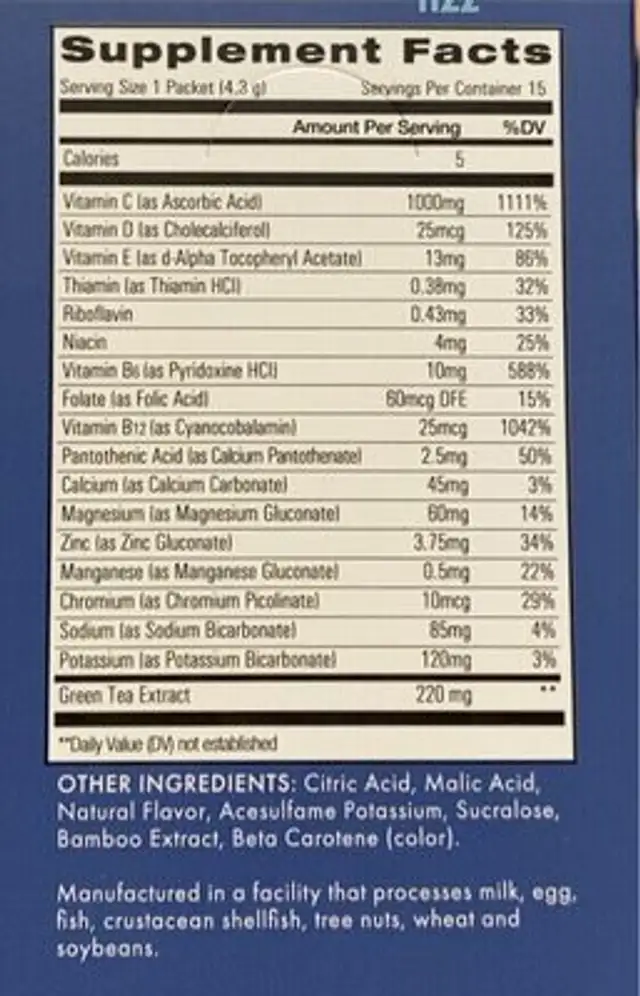immune fizz nutrition facts table