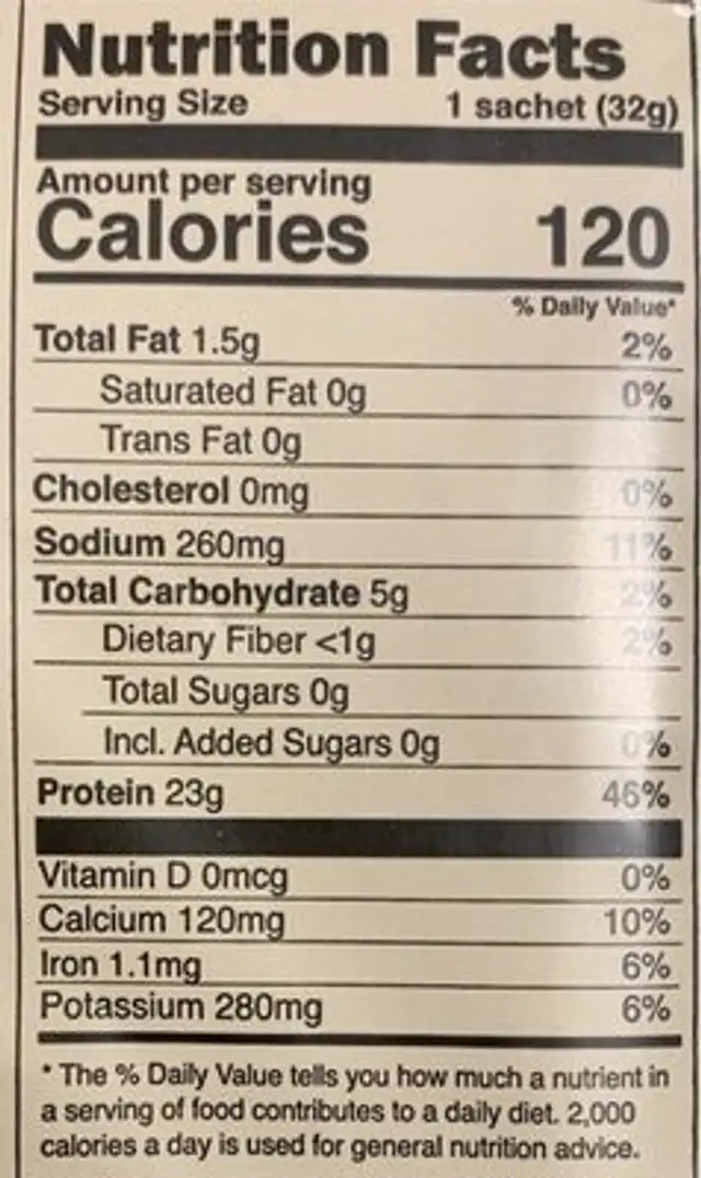 V-whey nutrition facts table