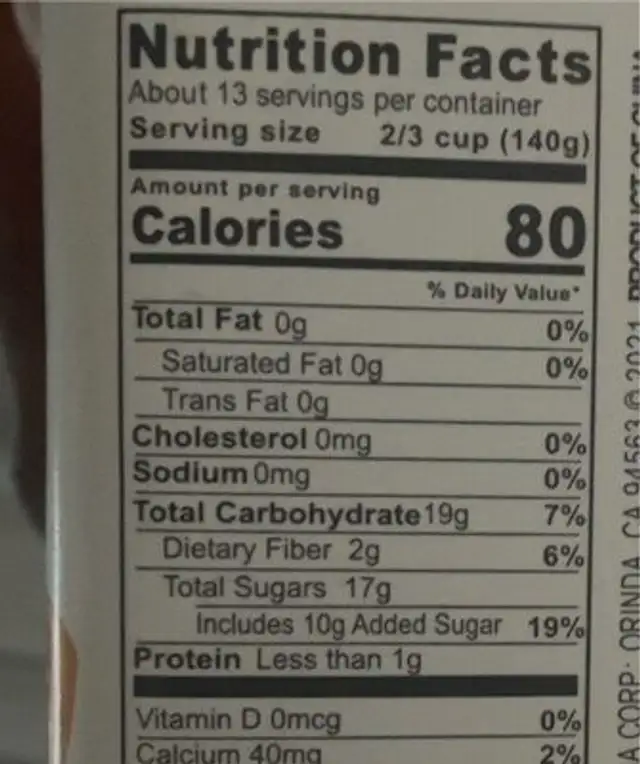 Truefruit nutrition facts table