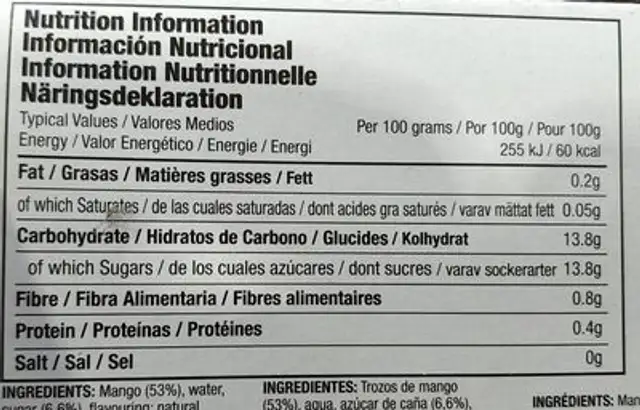 True frut nutrition facts table