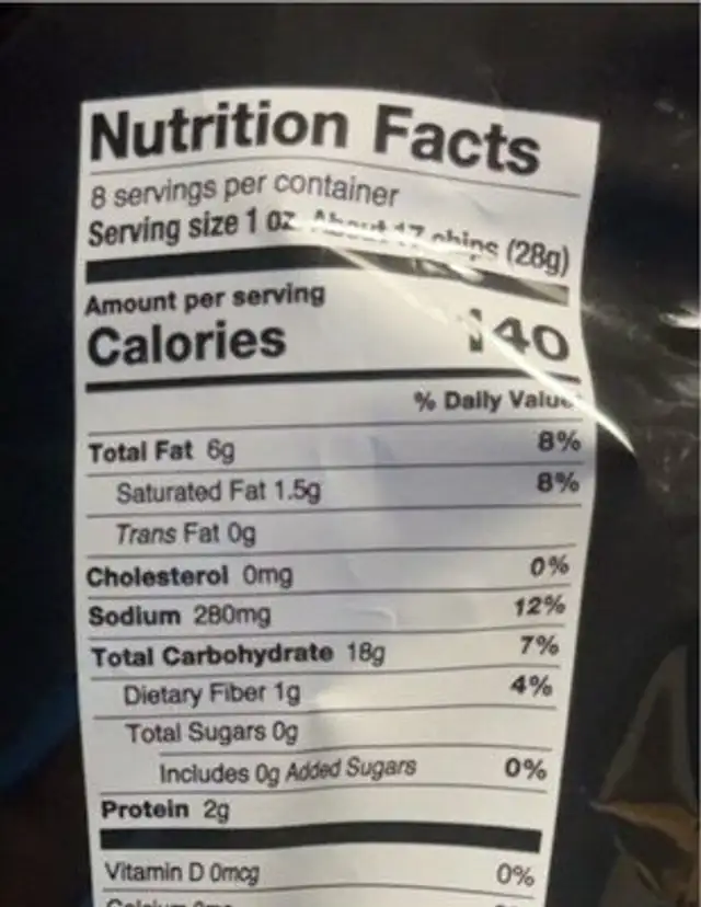 Kowalski‘s salt and vinegar chips nutrition facts table