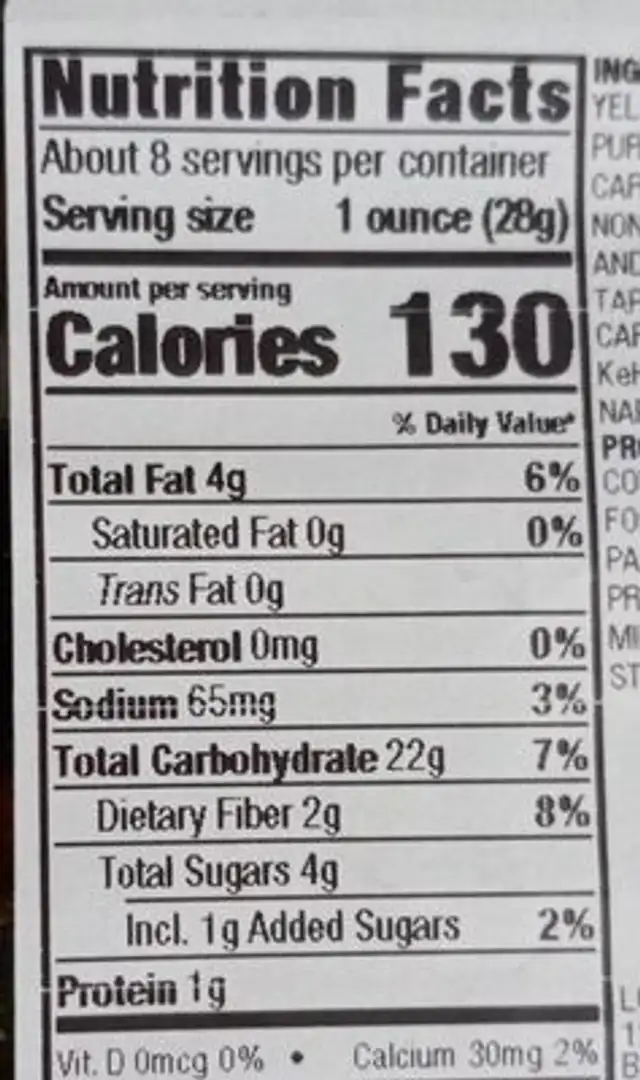 vegetable chips nutrition facts table