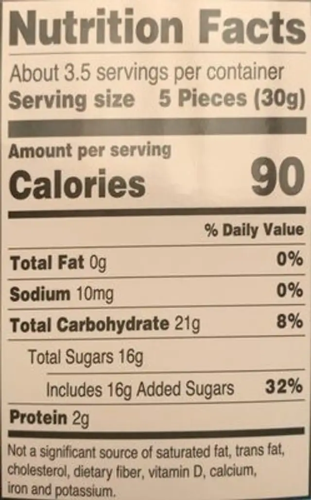 Gummy dinosaur nutrition facts table