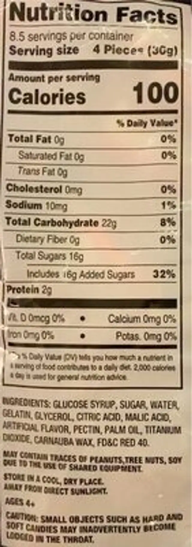 Gummy fangs nutrition facts table