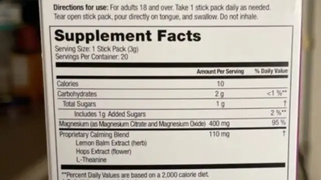 Dual acting relaese nutrition facts table