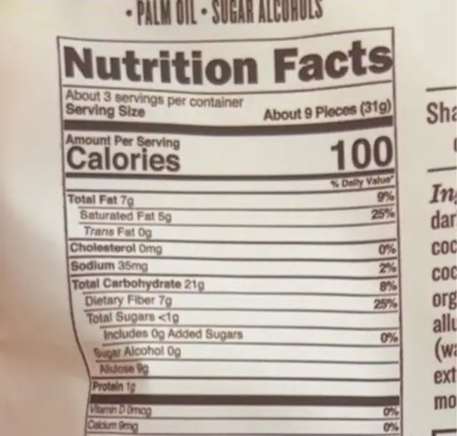 Cocomels bites nutrition facts table