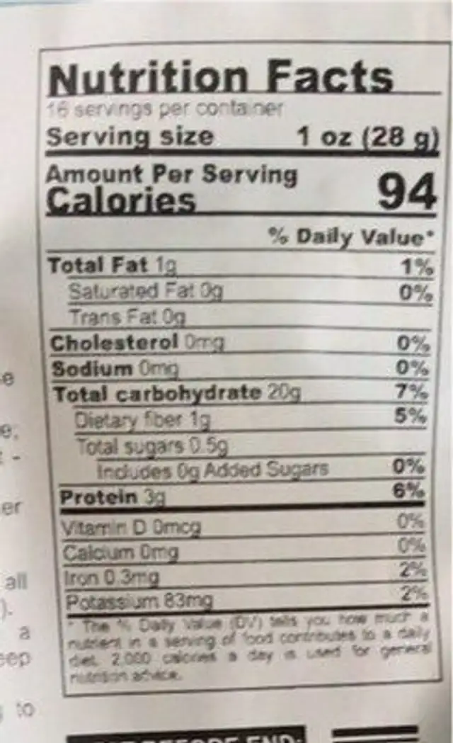 Purple rice nutrition facts table