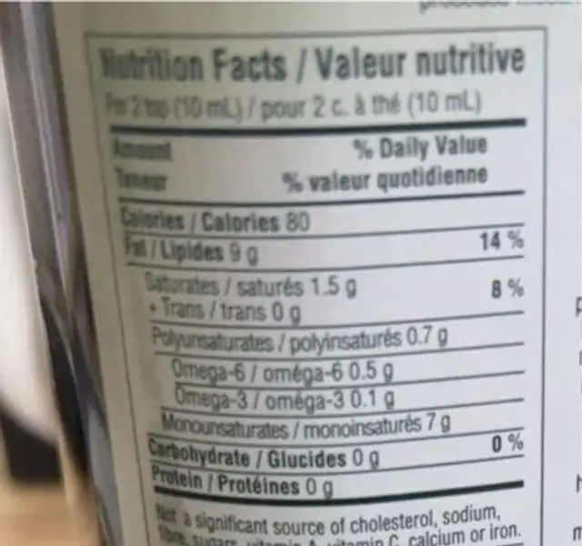 Extra Virigin Olive Oil nutrition facts table