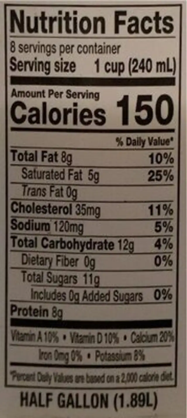 Whole milk nutrition facts table