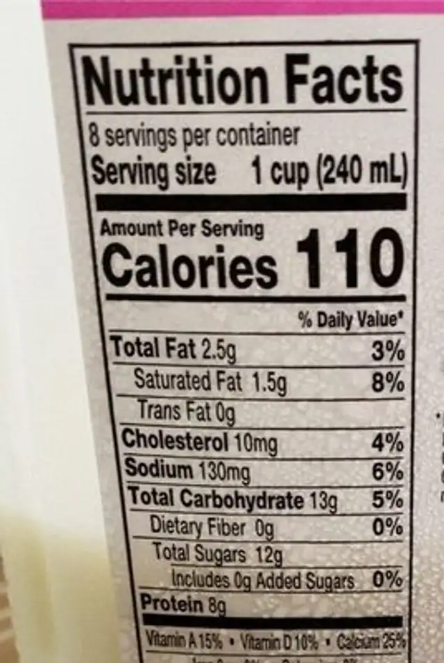 1% Low Fat Milk nutrition facts table