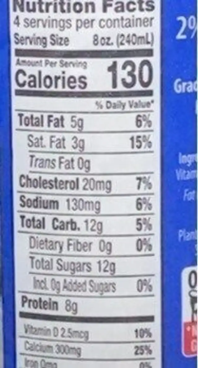 2% reduced fat milk nutrition facts table