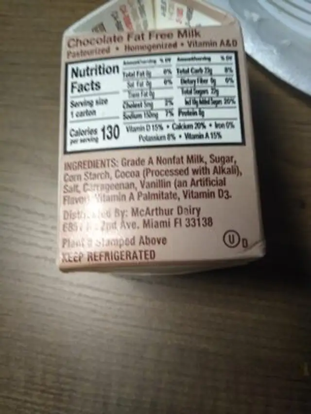 Chocolate Milk ingredients label