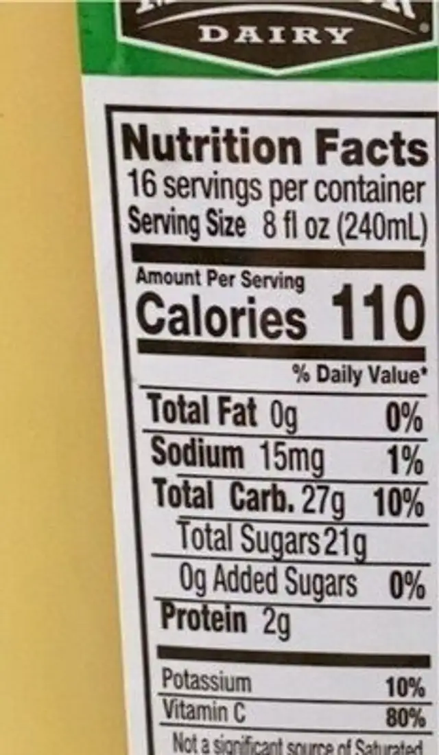 McArthur pure & natural orange juice nutrition facts table