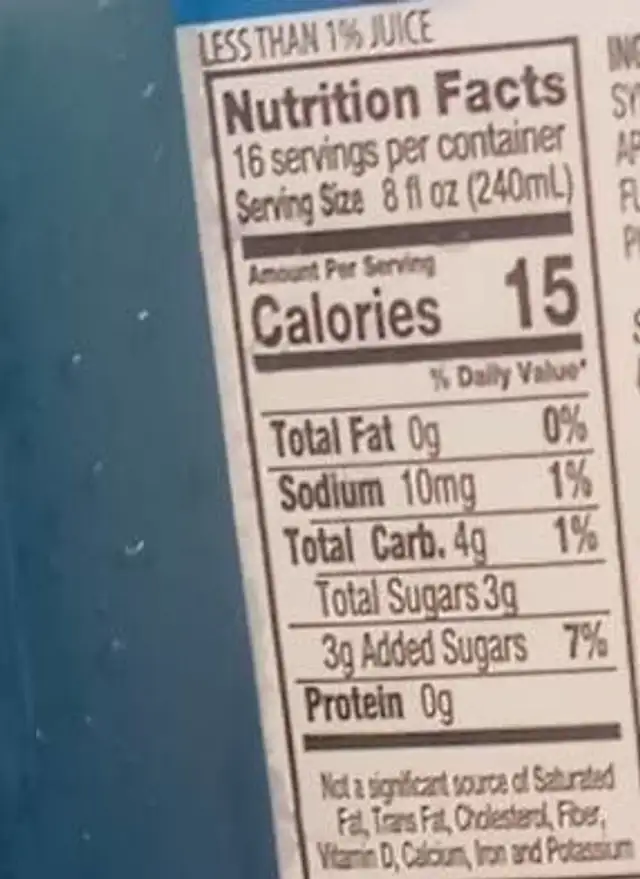 Blue Raspberry fruit drink nutrition facts table