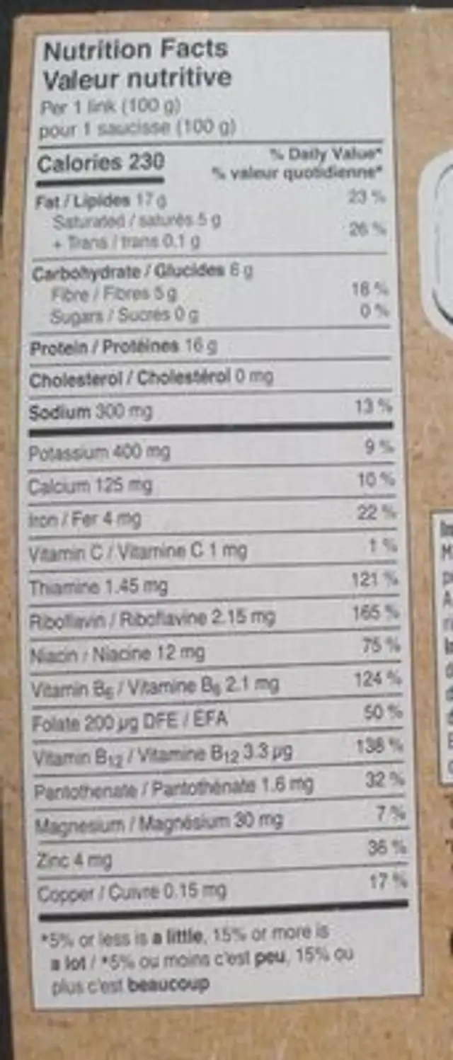 Beyond sausage nutrition facts table