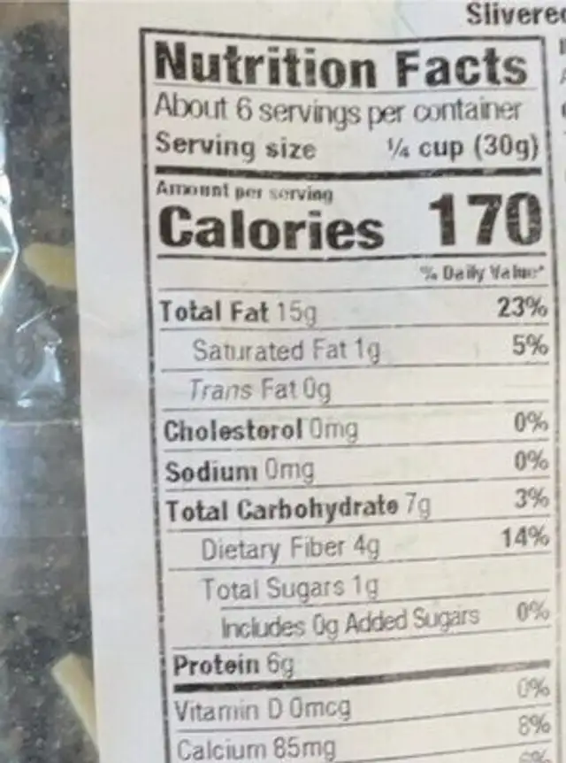 Slivered Almonds nutrition facts table