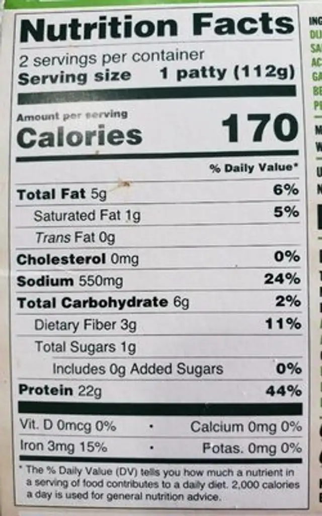 Bug Fry Burger nutrition facts table