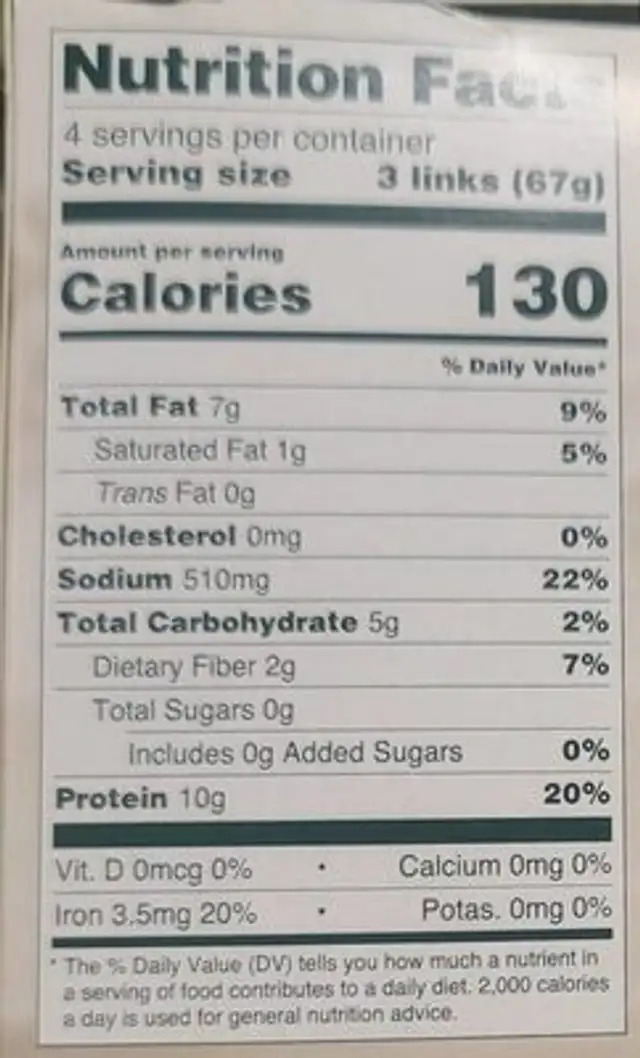 Fry's plant based breakfast links nutrition facts table
