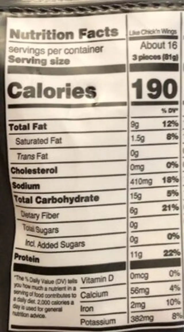 Like chick’n wings nutrition facts table