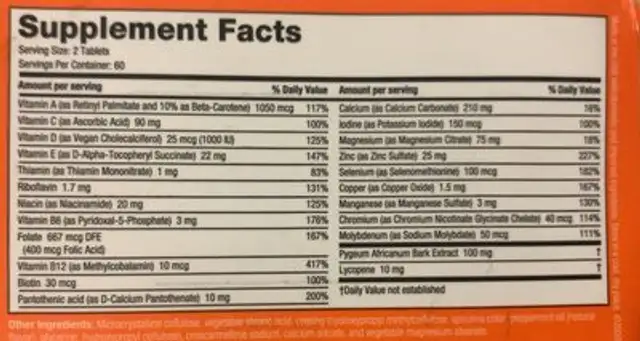 Roman Daily Men’s Dietary Supplement nutrition facts table