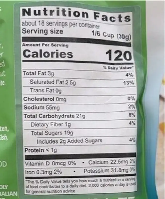 Plant Based coconut Mango nutrition facts table