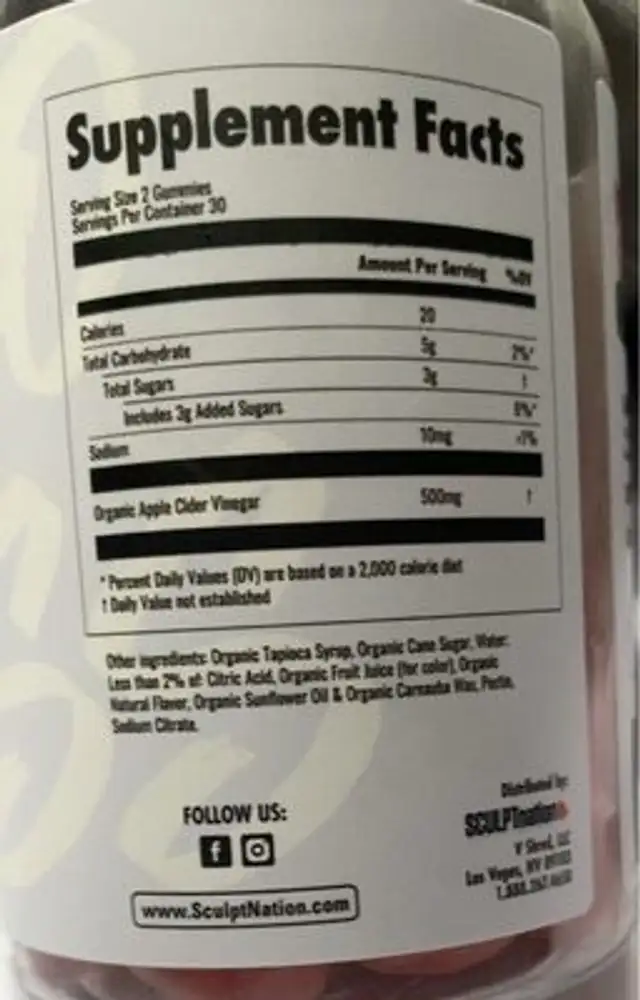 Apple Cider Vinegar Gummies nutrition facts table