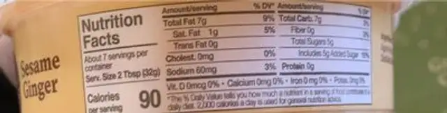 Sesame Ginger nutrition facts table