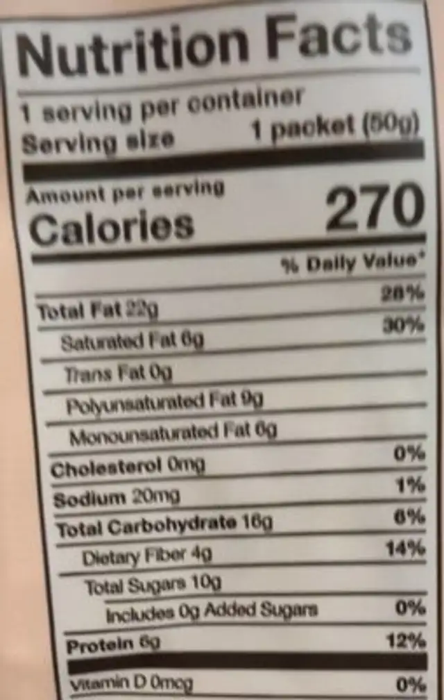 Coconut cashew granola nutrition facts table