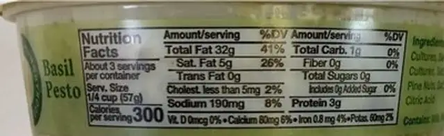 Basil Pesto nutrition facts table