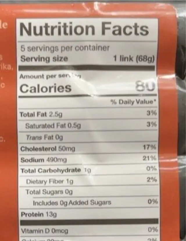 Cajun style Andouille Chicken Sausage nutrition facts table