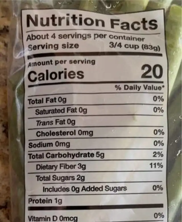 Trimmed green beans nutrition facts table