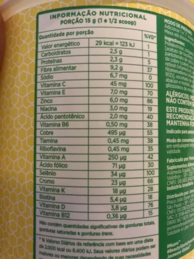 Colageno nutrition facts table