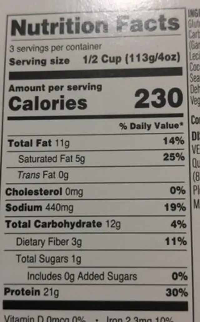 Skinny Butcher nutrition facts table